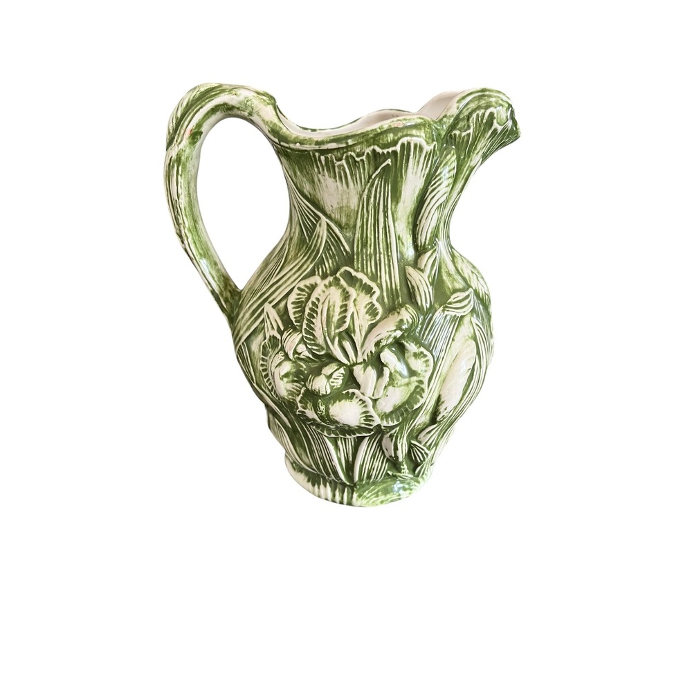 Vintage Green White Iris Floral Embossed Ceramic Pitcher Decorative Vase Jug